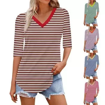 Рубашки для женщин Модные футболки с V-образным вырезом Повседневные блузки с принтом Топы с коротким рукавом для женщин L темно-зеленого