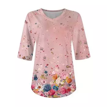 Рубашки для женщин Модные футболки с V-образным вырезом Повседневные блузки с принтом Топы с коротким рукавом для женщин S светло-коричневого