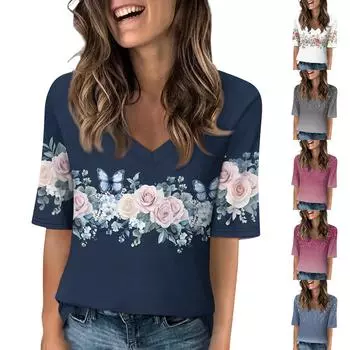 Рубашки для женщин Модные футболки с V-образным вырезом Повседневные блузки с принтом Топы с коротким рукавом для женщин S