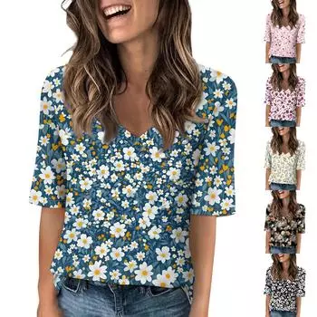 Рубашки для женщин Модные футболки с V-образным вырезом Повседневные блузки с принтом Топы с коротким рукавом для женщин XL