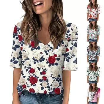 Рубашки для женщин Модные футболки с V-образным вырезом Повседневные блузки с принтом Топы с коротким рукавом для женщин XL розовый