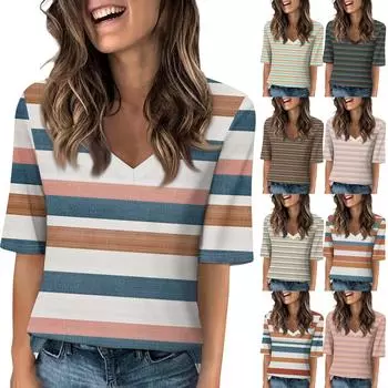 Рубашки для женщин Модные футболки с V-образным вырезом Повседневные блузки с принтом Топы с коротким рукавом для женщин S