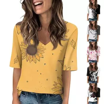 Рубашки для женщин Модные футболки с V-образным вырезом Повседневные блузки с принтом Топы с коротким рукавом для женщин L