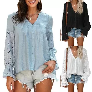 Рубашки для женщин с V-образным вырезом, кружевные вязаные крючком рубашки с рукавами-колокольчиками, повседневные туники, блузки, топы L чёрный