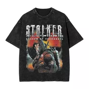 Рубашки Harajuku Washed, футболка Stalker Chernobyl Game Outfit Vintage, летние топы Harajuku Streetwear с коротким рукавом S чёрный