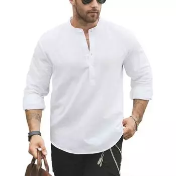 Рубашки хенли из хлопка и льна белого цвета премиум-класса для мужчин, легкие, с длинным рукавом, повседневная уличная одежда на каждый день US S 50-60 KG чёрный