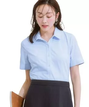 Рубашки и блузки для женщин с полосатыми рубашечными пуговицами для предотвращения сакс [Nissen], трикотажные с коротким рукавом (с подглядываниями) (влагоотводящий, быстросохнущий,