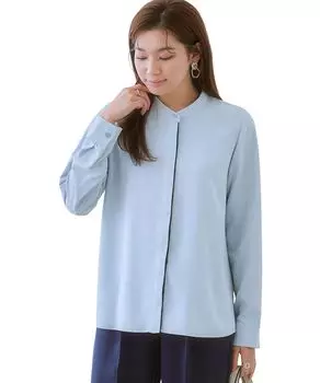 Рубашки и блузки Стрейч Пудрово-атласная блузка Машинная УФ Большие размеры в наличии Сапфировый x Темно-синий M [Nissen] Цветовая схема (Не мнущийся, быстросохнущий,