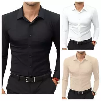 Рубашки из эластичной ткани. Молодежные белые рубашки легко гладить, они не мнутся и просты в использовании. Деловые тонкие мужские рубашки. XS чёрный