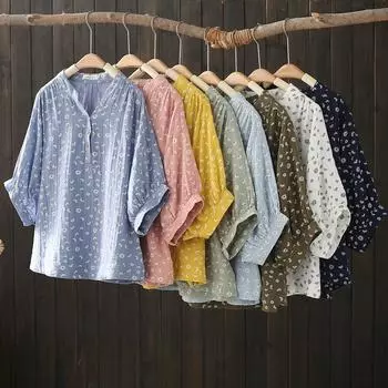 Рубашки из хлопковой пряжи, топы больших размеров для женщин, пасторальный стиль, V-образный вырез, рукав до локтя, принтованные рубашки и блузки для женщин среднего возраста one size темно-зеленого