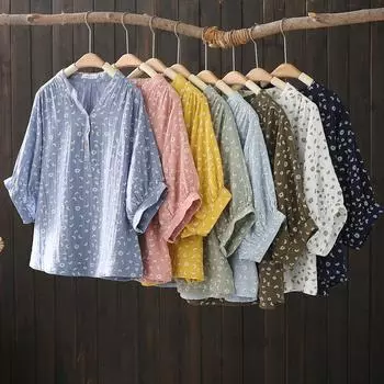 Рубашки из хлопковой пряжи, топы больших размеров для женщин, пасторальный стиль, V-образный вырез, рукав до локтя, принтованные рубашки и блузки для женщин среднего возраста one size темно-синий