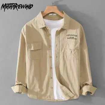 Рубашки-карго цвета хаки в американском стиле ретро для мужчин, 100 хлопковая рубашка с длинным рукавом и воротником с лацканами и карманами, молодежная модная повседневная рубашка M хаки