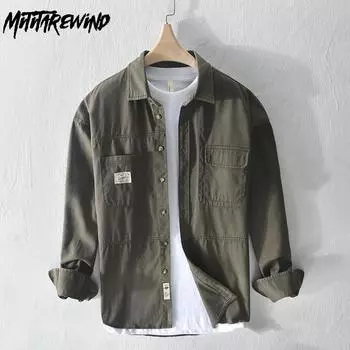 Рубашки карго с длинным рукавом в японском стиле для мужчин, весна и осень, уличная свободная рубашка, повседневная рубашка из чистого хлопка с двойными карманами, модная мужская одежда M коричневый