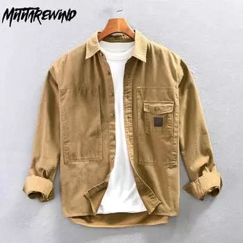 Рубашки-карго с длинным рукавом в японском стиле для мужчин, весна-осень, уличная свободная рубашка, 100% хлопок, рубашка на пуговицах, повседневная верхняя рубашка M хаки