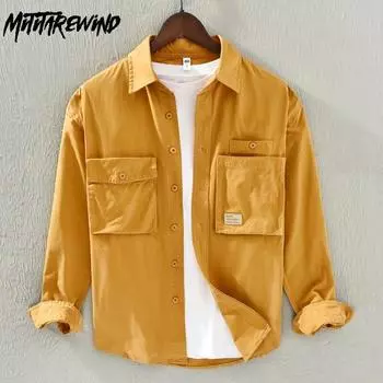 Рубашки-карго в японском стиле для мужчин весной и осенью Рубашка с длинными рукавами из чистого хлопка Новая мода Повседневная свободная рубашка Молодежная уличная одежда Мужские топы M армия зеленый