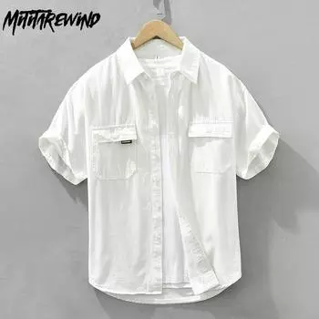 Рубашки-карго в японском стиле для мужчин, летняя рубашка с коротким рукавом, 100% чистый хлопок, повседневные свободные мужские топы, новая модная рубашка с двумя карманами для молодежи M белый