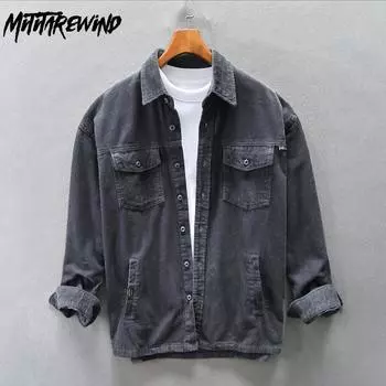 Рубашки карго в японском стиле для мужчин, весна-осень, вельветовая рубашка с множеством карманов, винтажная повседневная рубашка из чистого хлопка с длинным рукавом кофейного цвета M серый