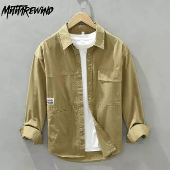 Рубашки-карго в японском стиле для мужчин, новые модные повседневные рубашки с длинным рукавом из 100% хлопка для мужчин, весна и осень, уличная одежда, свободные топы для молодежи M белый
