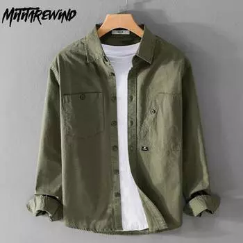 Рубашки карго в стиле ретро для мужчин, весна/осень, повседневная, 100% хлопок, однотонная рубашка с длинным рукавом и карманом, корейская мода, молодежная мужская одежда M серый