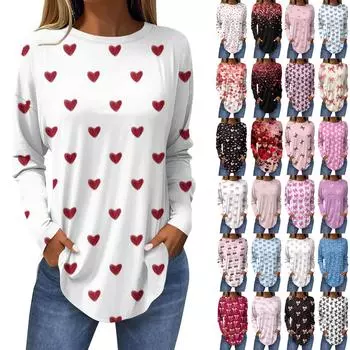 Рубашки на День святого Валентина для женщин Милая футболка с принтом в виде сердца с длинным рукавом Туника Топы из хлопка Пуловеры S чёрный