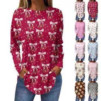 Рубашки на День святого Валентина для женщин Милая футболка с принтом в виде сердца с длинным рукавом Туника Топы из хлопка Пуловеры XL