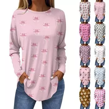 Рубашки на День святого Валентина для женщин Милая футболка с принтом в виде сердца с длинным рукавом Туника Топы из хлопка Пуловеры XXL