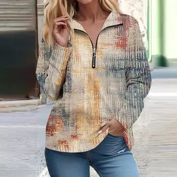 Рубашки на молнии с длинным рукавом для женщин, футболки с ретро-принтом, блузки, повседневные топы, пуловеры M бежевый