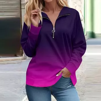 Рубашки на молнии с длинным рукавом для женщин Градиентная печать Графические футболки Блузки Повседневные топы Пуловер L