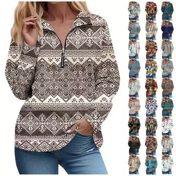 Рубашки на молнии с длинным рукавом для женщин, футболки с ретро-принтом, блузки, повседневные топы, пуловеры M бежевый