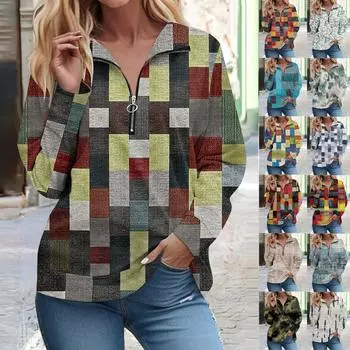 Рубашки на молнии с длинным рукавом для женщин, футболки с ретро-принтом, блузки, повседневные топы, пуловеры One size