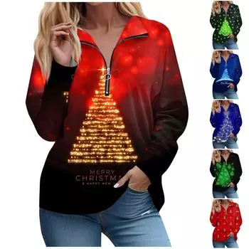 Рубашки на молнии с длинным рукавом для женщин, футболки с ретро-принтом, блузки, повседневные топы, пуловеры S