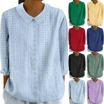 Рубашки на пуговицах для женщин с кружевным воротником и люверсами, рукав 3/4, однотонные, повседневные, свободные, удобные, повседневные, осенние L чёрный