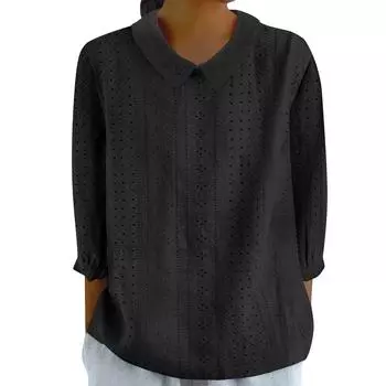 Рубашки на пуговицах для женщин с кружевным воротником и люверсами, рукав 3/4, однотонные, повседневные, свободные, удобные, повседневные, осенние M чёрный