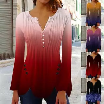 Рубашки на пуговицах для женщин с принтом, летние топы, нарядные повседневные блузки с длинным рукавом и V-образным вырезом, весенние блузки XL синий