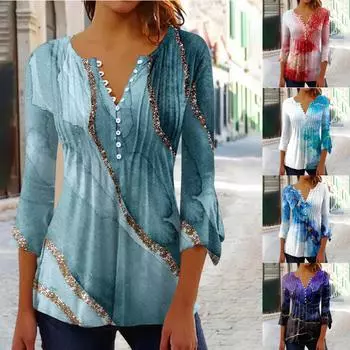 Рубашки на пуговицах для женщин, туника с принтом, летние топы, нарядные повседневные весенние блузки с рукавом 3/4 и v-образным вырезом S красный