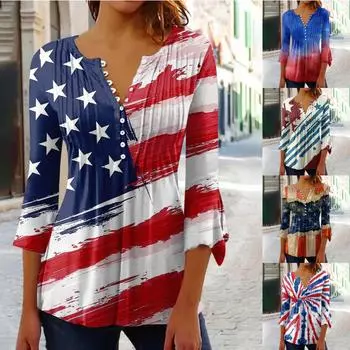 Рубашки на пуговицах для женщин, туника с принтом, летние топы, нарядные повседневные весенние блузки с рукавом 3/4 и v-образным вырезом L синий