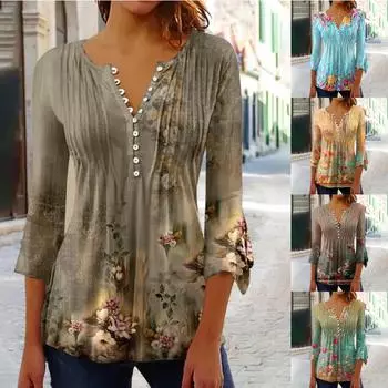 Рубашки на пуговицах для женщин, туника с принтом, летние топы, нарядные повседневные весенние блузки с рукавом 3/4 и v-образным вырезом L синий