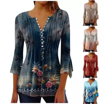 Рубашки на пуговицах для женщин, туника с принтом, летние топы, нарядные повседневные весенние блузки с рукавом 3/4 и v-образным вырезом XL темно-синий