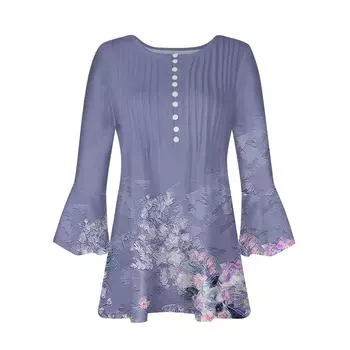 Рубашки на пуговицах для женщин, туника с цветочным принтом, летние топы, нарядные повседневные весенние блузки с рукавом 3/4 и v-образным вырезом S светло-синий