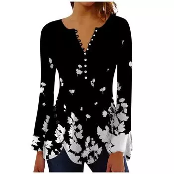 Рубашки на пуговицах для женщин, туники с принтом, топы, нарядные повседневные блузки с длинными рукавами и V-образным вырезом в виде колокольчика S темно-синий