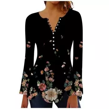 Рубашки на пуговицах для женщин, туники с принтом, топы, нарядные повседневные блузки с длинными рукавами и V-образным вырезом в виде колокольчика S белый