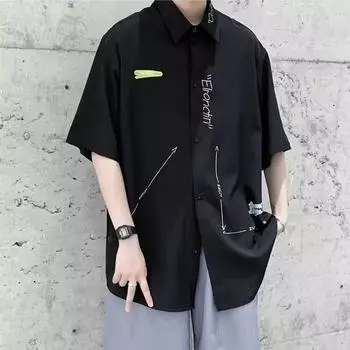 Рубашки на пуговицах, уличная одежда, повседневная одежда с отложным воротником и принтом, свободная одежда с буквенным принтом, тонкая весенне-летняя мужская одежда M синий