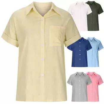 Рубашки на пуговицах, женские летние 2022, повседневные льняные футболки с короткими рукавами и воротником, свободные простые футболки, нарядные милые блузки, футболки XL бежевый