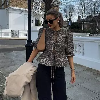 Рубашки на шнуровке с леопардовым принтом, женские, свободные, с рукавами-фонариками, короткая блузка, большой размер, повседневный топ с круглым вырезом, летняя, новая мода M белый