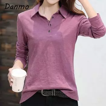 Рубашки-поло Danmo для женщин, топы на пуговицах, простая футболка, женская футболка с длинным рукавом XXXXL белый
