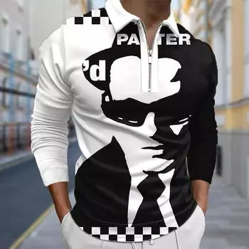 Рубашки поло мужские с длинным рукавом черно-белый портретный принт новая мужская рубашка поло с длинным рукавом на молнии футболка топ XS чёрный
