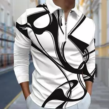 Рубашки поло мужские с длинным рукавом, черные с принтом в виде переплетенных линий, новая мужская рубашка поло с длинным рукавом, футболка на молнии, топ XS чёрный