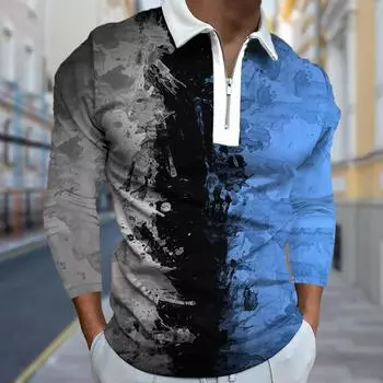 Рубашки поло мужские с длинным рукавом, гетерохромный цветной принт, новая мужская рубашка поло с длинным рукавом, футболка на молнии, топ XS синий