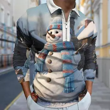 Рубашки поло мужские с длинным рукавом и милым принтом снеговика, новая мужская рубашка поло с длинным рукавом, футболка на молнии, топ XS синий