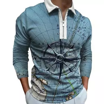 Рубашки поло мужские с длинным рукавом модные светло-голубые с принтом компаса новые мужские рубашки поло с длинным рукавом на молнии футболка топ XS светло-синий